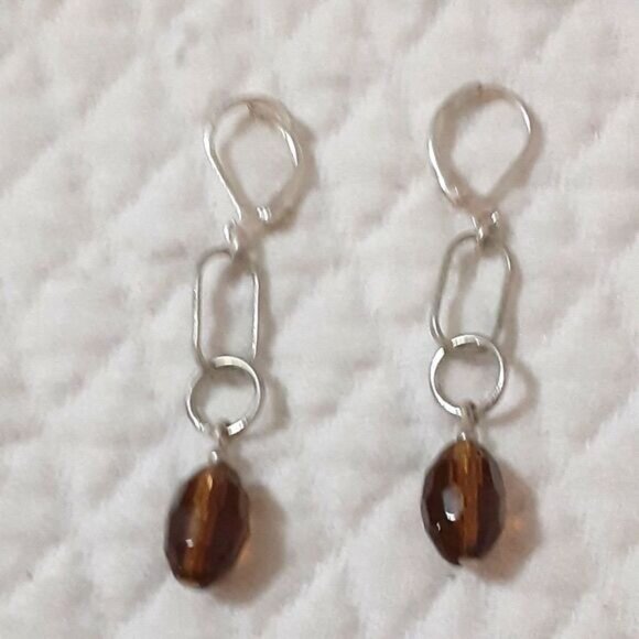 2" simple silver tone hoop drop earrings amber tone resin bead - Picture 1 of 2
